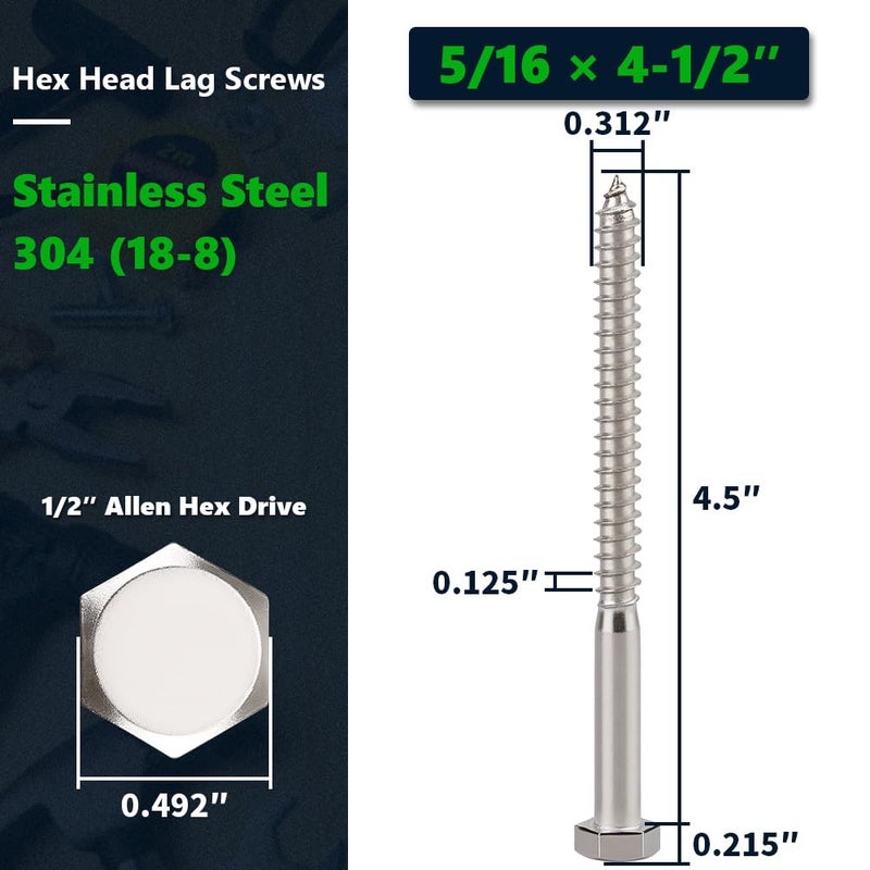 RoyceMart 8-Sets 5/16 x 4-1/2" Hex Head Lag Screws & Flat Washers, Heavy Duty Lag Wood Screws, 304 Stainless Steel (18-8), 5/16" Bolt - Image 2